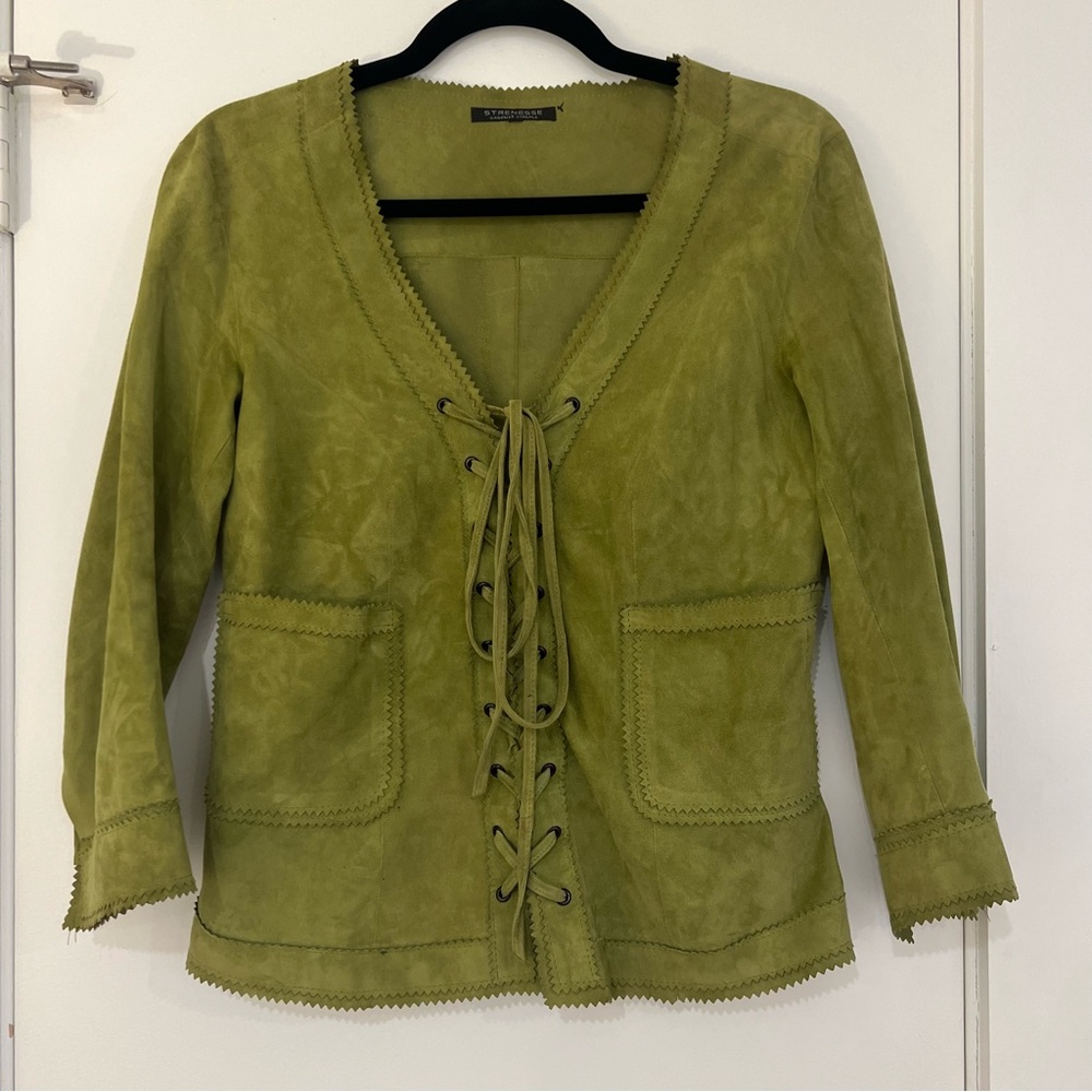 Strenesse Vintage 100% Leather Green Tie Up Blouse